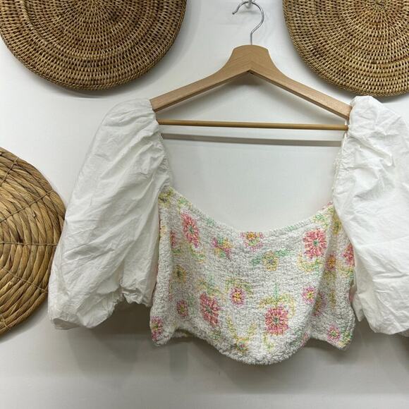 Zara White Floral Puff Sleeve Square Neck Stretch Smocked Poplin Crop Top XL - Picture 4 of 5